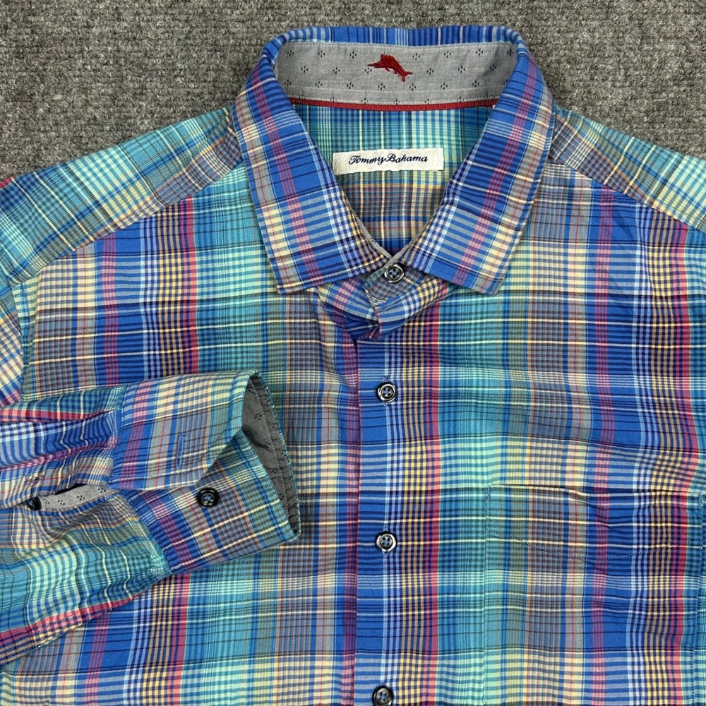Tommy‎ Bahama Button Up Shirt Mens M Blue Plaid Silk Blend Casual Long Sleeve
